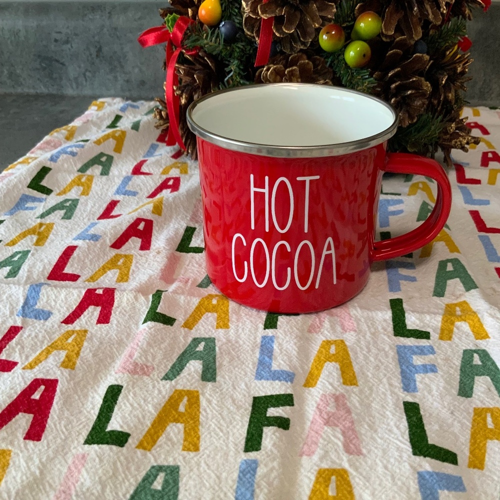 Red Enamel Mug Holiday/Winter white enamel inside, white lettering Hot Cocoa New